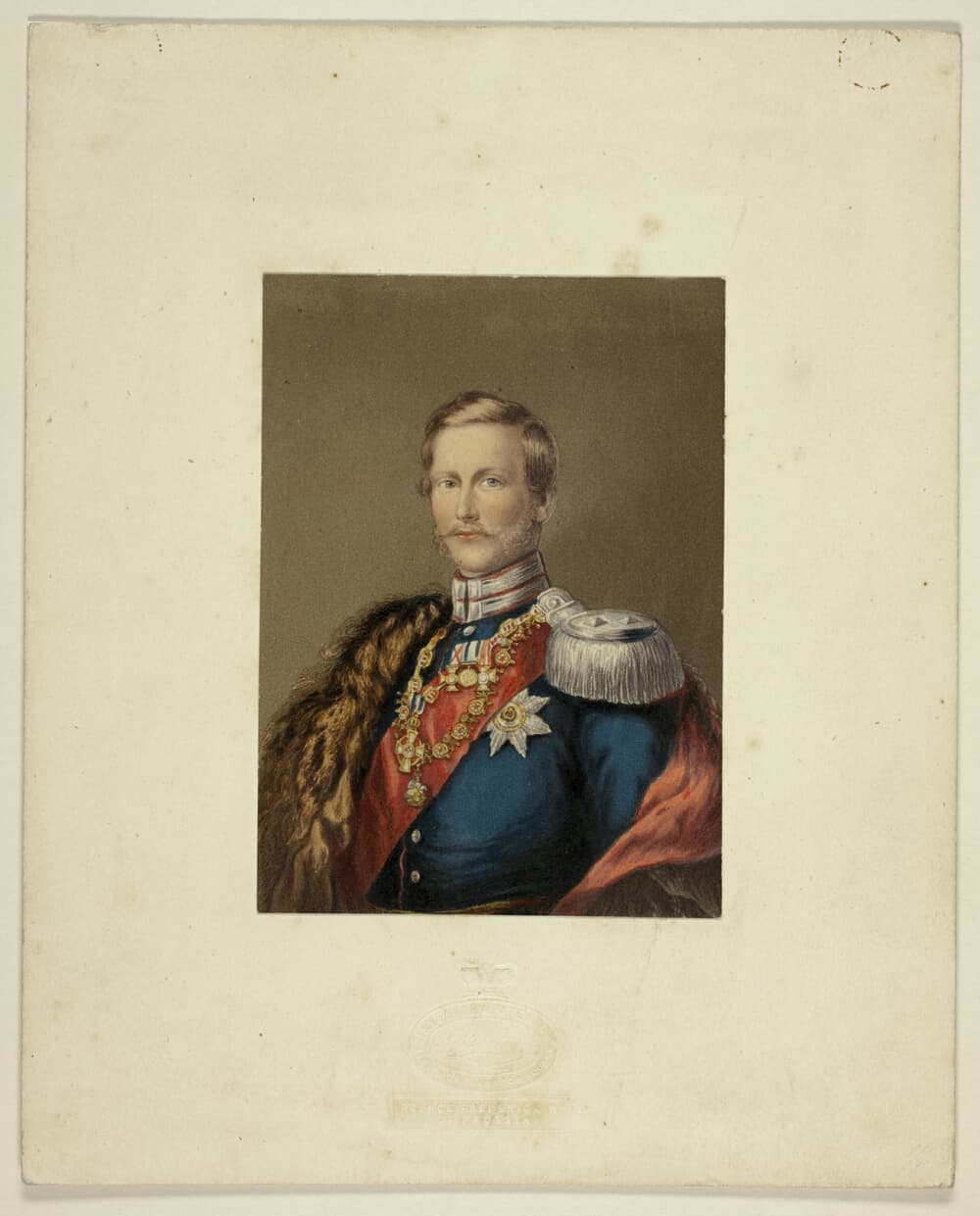 A work made of steel etching and stipple printed in black, with block printing in colors, on laid paper, laid down on original stamped mount.