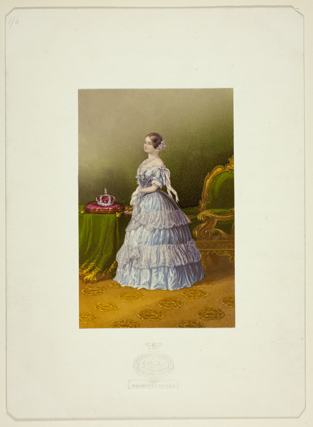 A work made of steel etching and stipple printed in purple, with block printing in colors, on laid paper, laid down on original stamped mount.