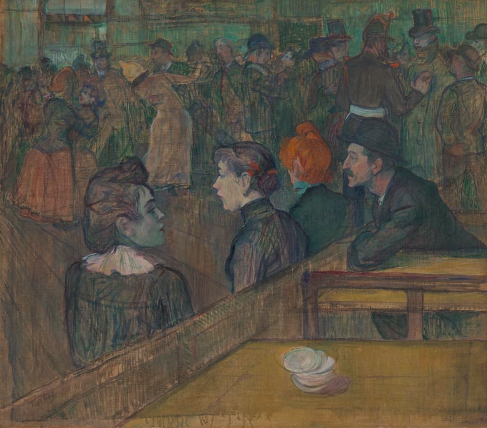 A scene in brown and green tones of people dancing indoors. In the foreground, three women stand near boothed tables while a man sits.