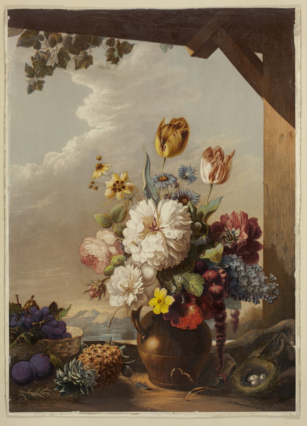 A work made of etching and aquatint on steel, printed in black, with block printing in colors, on wove paper, varnished, laid down on board.