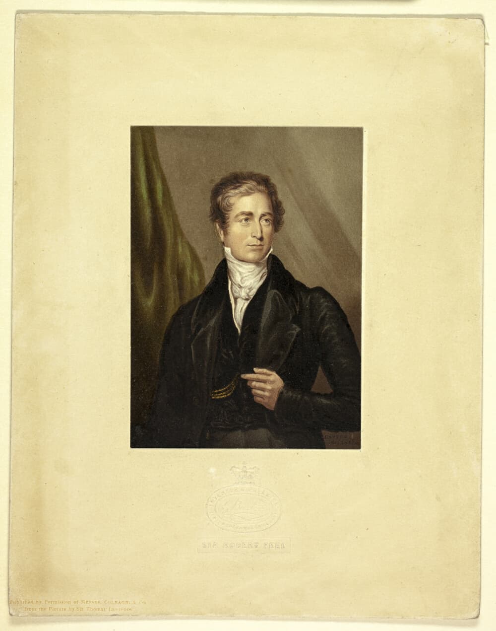 A work made of steel etching, aquatint, and stipple printed in brown, with block printing in colors, on wove paper, laid down on original stamped mount.