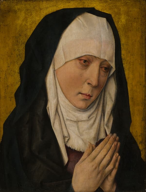 Bust painting of a long-faced, light-skinned Virgin Mary crying, her bloodshot eyes looking downward. Draped white fabric surrounds her face below a blue black robe. The background is painted gold with black flecks.