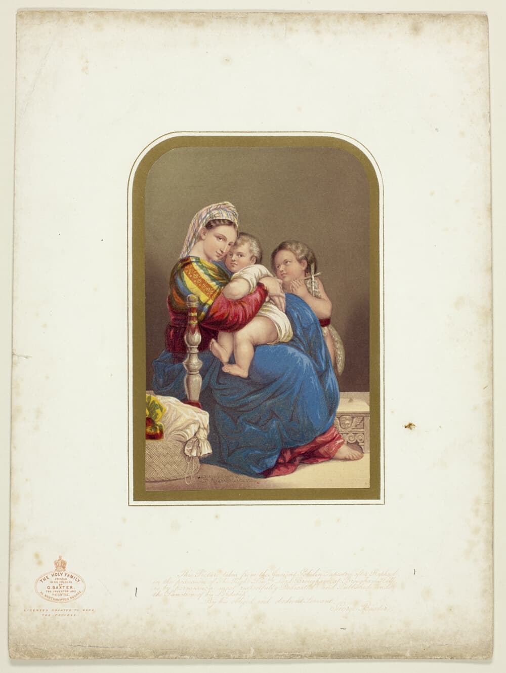 A work made of steel etching and stipple printed in brown, with block printing in colors, on wove paper, laid down on original mount.