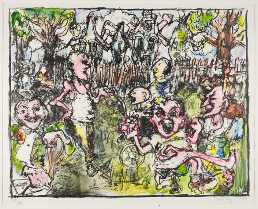 A work made of watercolor over lithograph in black ink on ivory wove paper.