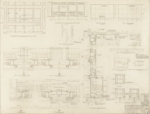 Multiple detail drawings of a window on toned paper, including design and construction notes.