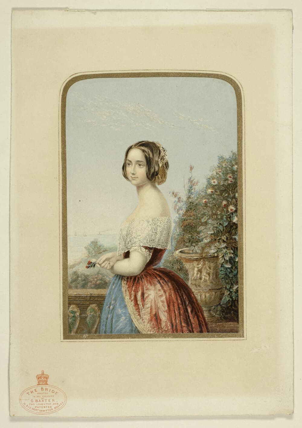 A work made of steel etching and stipple printed in black, with block printing in colors, on wove paper, laid down on original stamped mount.