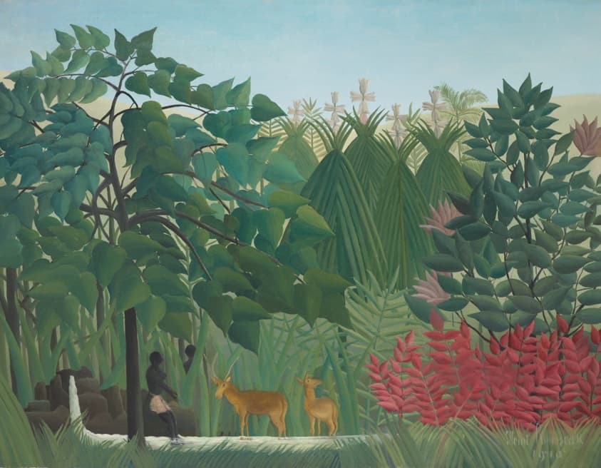 Geometric landscape painting filled with lush green stylized trees, leaves, and ferns, with a high horizon line. A patch of red leaves at lower right. At lower left, two black-skinned figures stand in front of a small rocky waterfall beside two antelope-like animals.