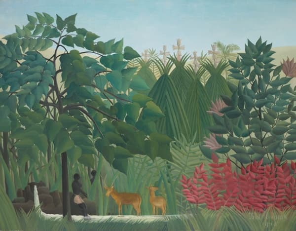 Geometric landscape painting filled with lush green stylized trees, leaves, and ferns, with a high horizon line. A patch of red leaves at lower right. At lower left, two black-skinned figures stand in front of a small rocky waterfall beside two antelope-like animals.