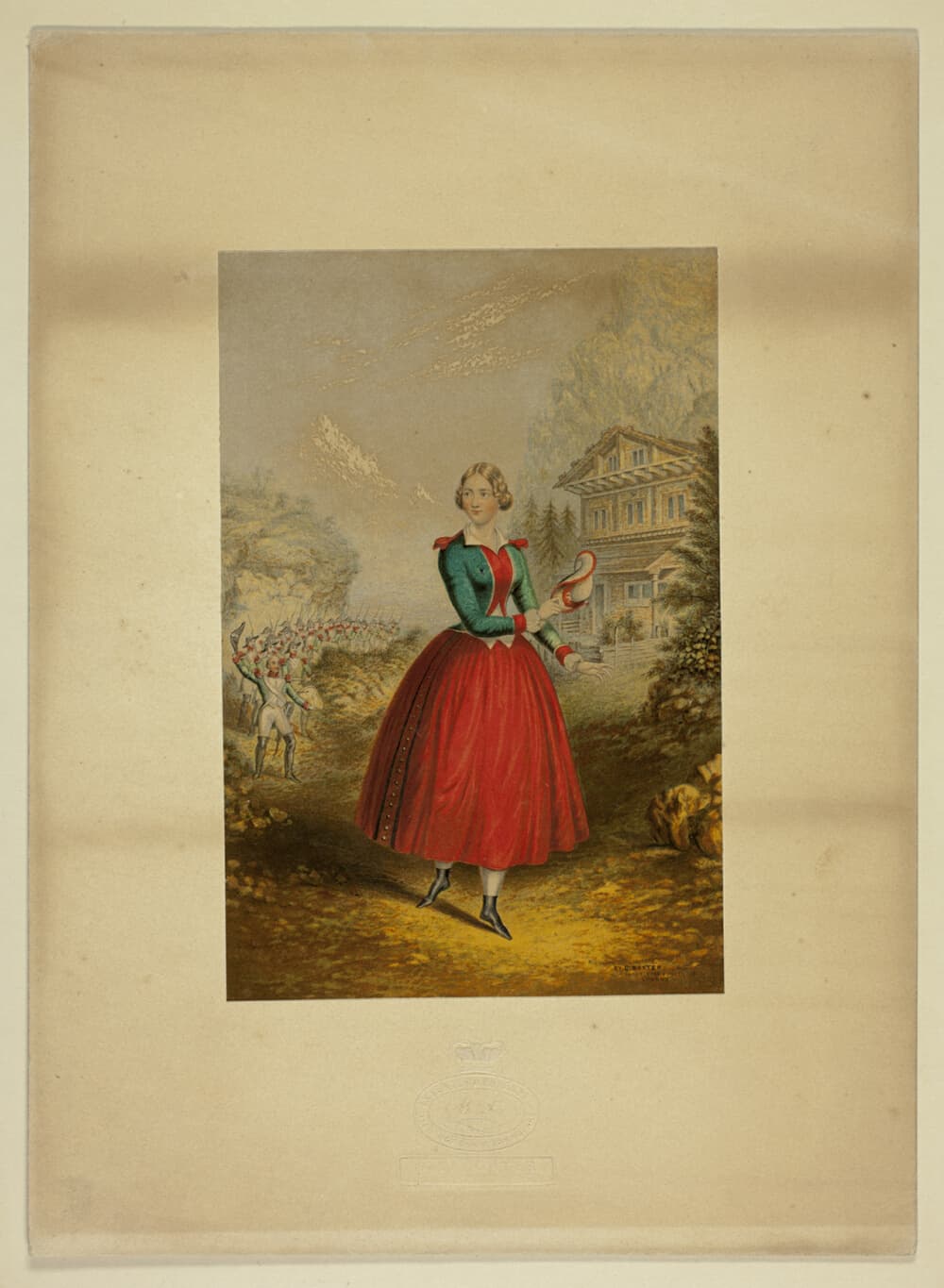 A work made of steel etching and stipple printed in blue, with block printing in colors, on laid paper, laid down on original stamped mount.
