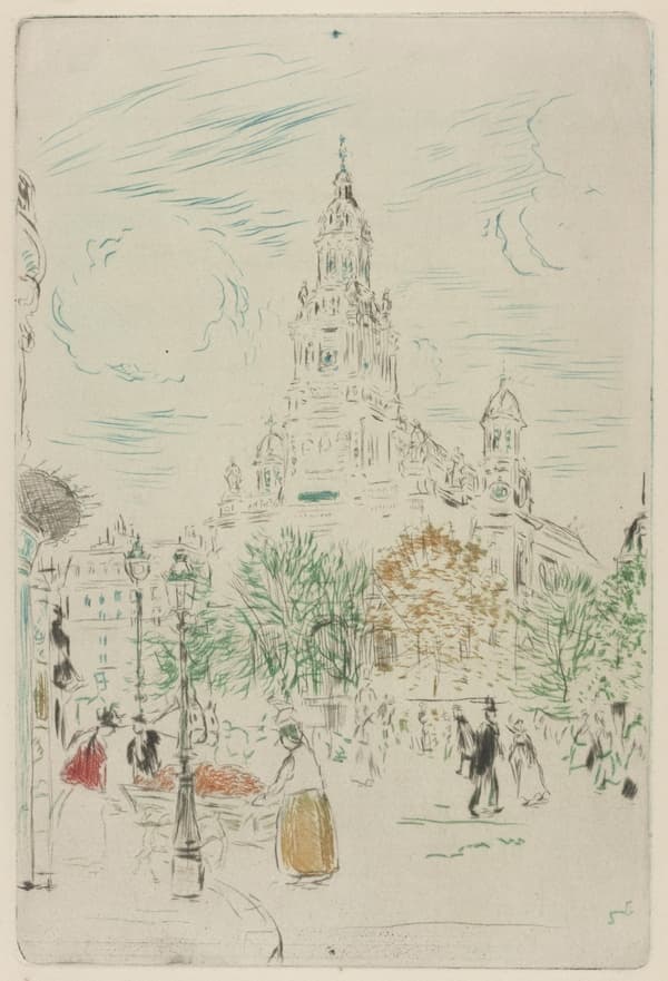 A work made of etching with drypoint and roulette from two plates, one black and one blue, with additional colors inked à la poupée, on cream wove paper.