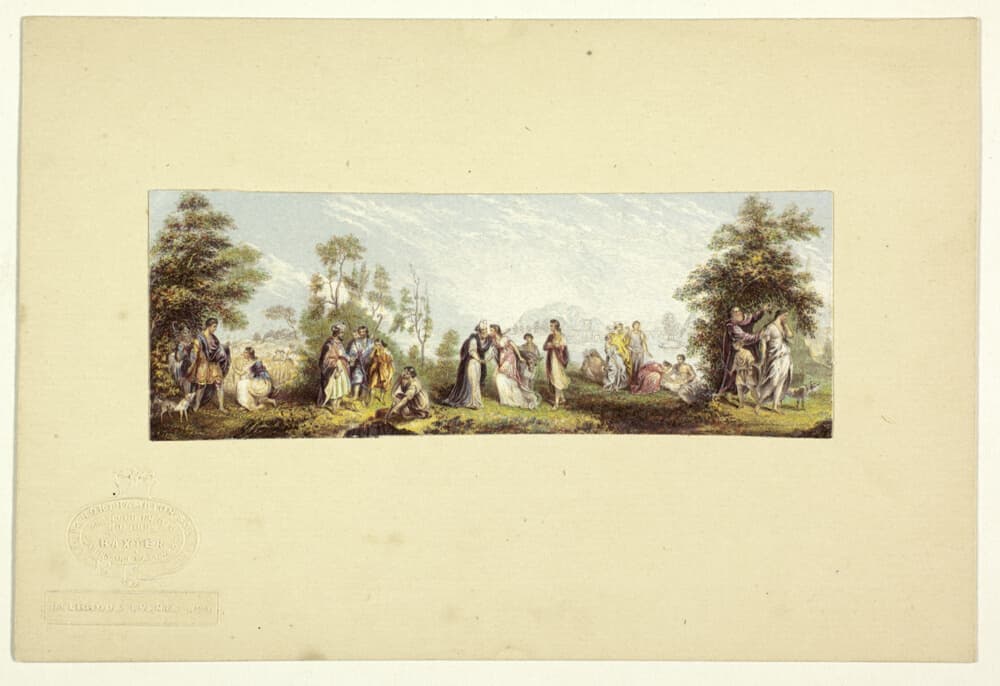 A work made of steel etching, aquatint, and stipple printed in black, with block printing in colors, on wove paper, laid down on original stamped mount.