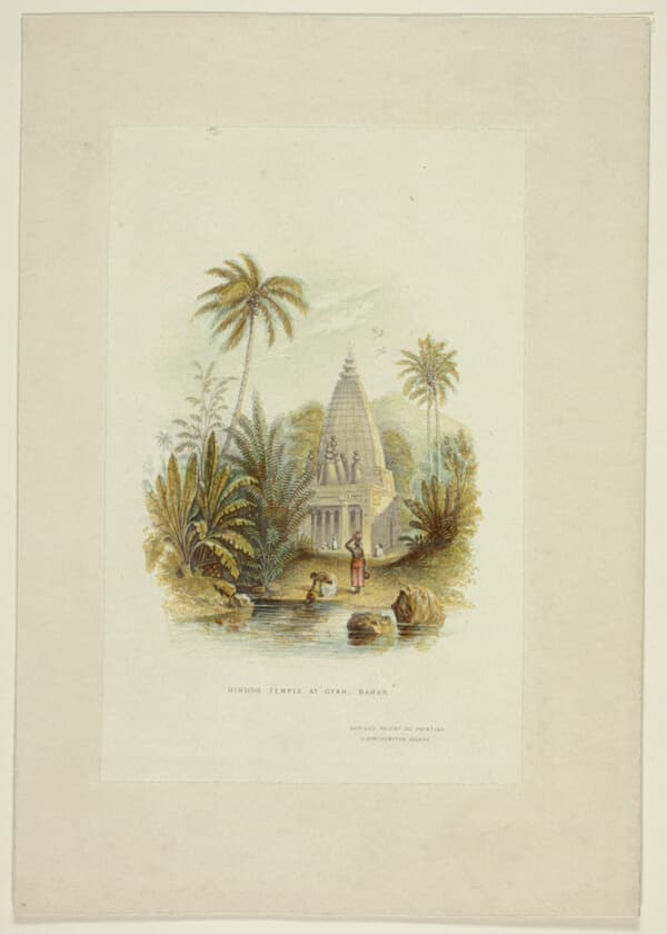 A work made of steel etching and stipple printed in black, with block printing in colors, on wove paper, laid down on wove paper.