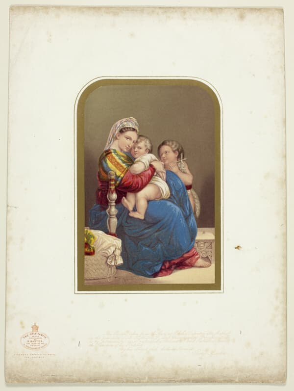 A work made of steel etching and stipple printed in brown, with block printing in colors, on wove paper, laid down on original mount.