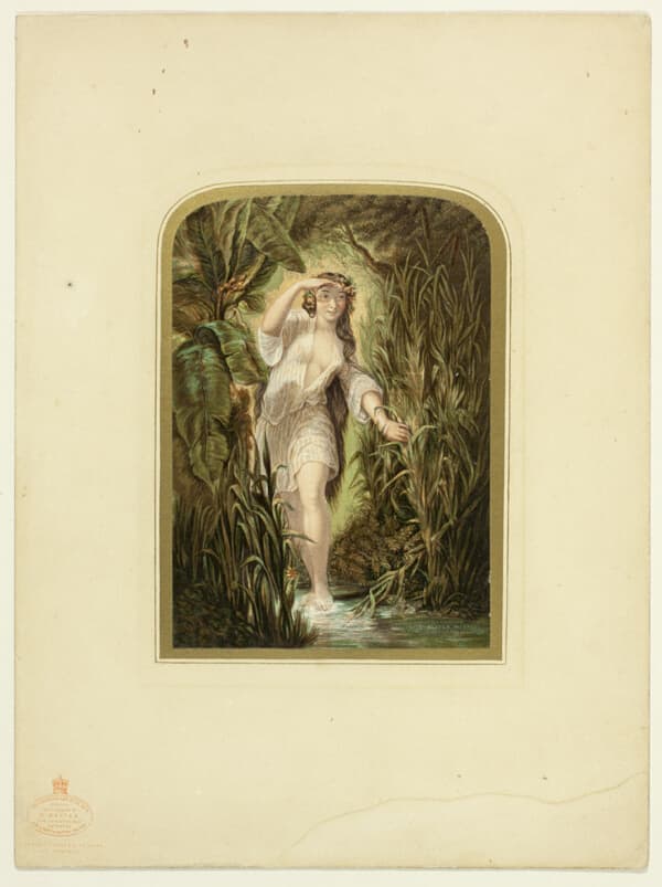 A work made of steel engraving, with stipple and roulette, printed in black, with block printing in colors, on wove paper, laid down on original mount.