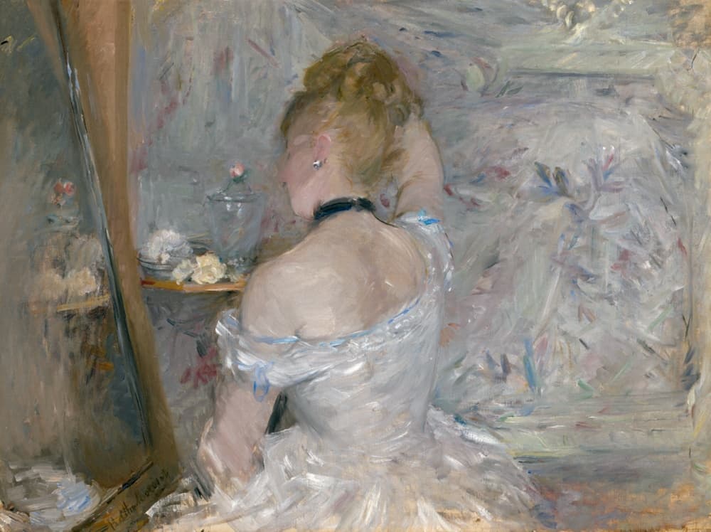 Painted portrait dominated by loose, large brushstrokes of a woman, seen from the back, wearing a gauzy white off-the-shoulder dress and black choker, blond hair swept up, examining herself in a mirror at left. The background is a feathered swirl suggesting floral pattern in cool pale tones of gray, purple, pink, and blue.