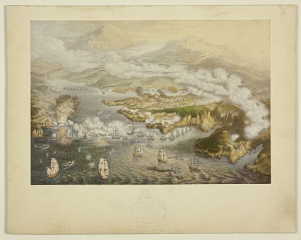 A work made of steel etching and stipple printed in black, with block printing in colors, on laid paper, laid down on original stamped mount.