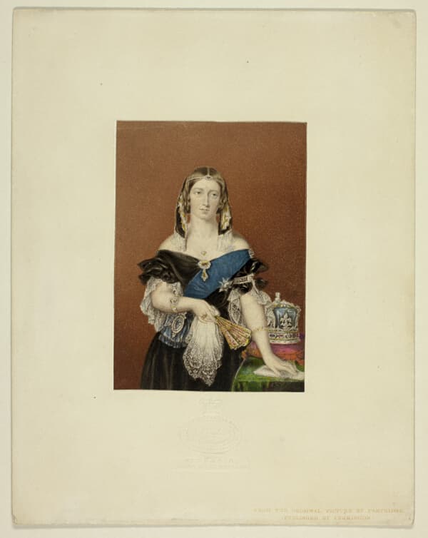 A work made of steel etching and stipple printed in black, with block printing in colors (from 9 blocks), on laid paper, laid down on original stamped mount.