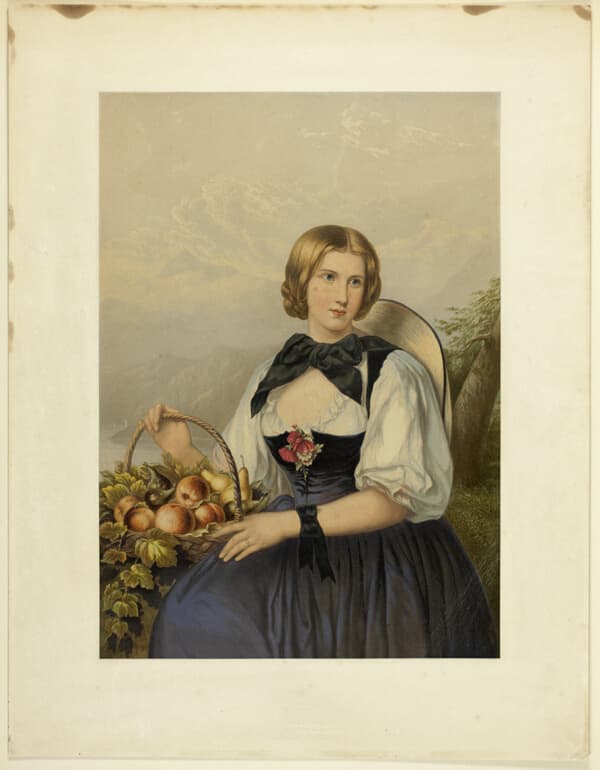 A work made of etching, stipple, and aquatint on steel, printed in black, with block printing in colors, on wove paper, varnished, laid down on original mount.