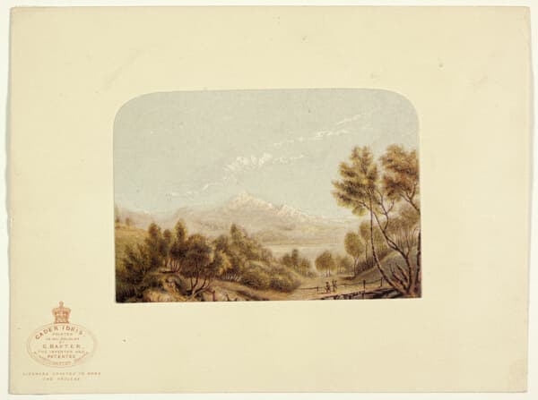 A work made of steel etching, aquatint, and stipple printed in purple, with block printing in colors, on wove paper, laid down on original stamped mount.