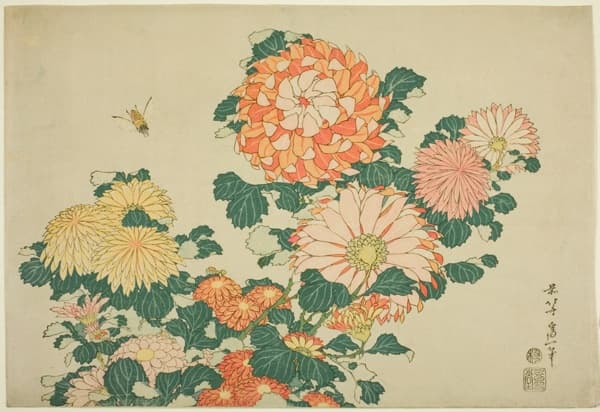 A color woodblock print of pink, orange and yellow chrysanthemums. In the upper rihgt a tiny bee flies above the flowers. Signature and seals in the lower left corner.