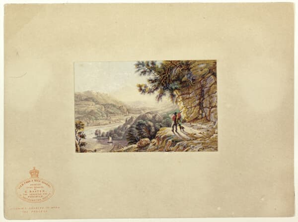 A work made of steel etching, aquatint, and stipple printed in purple, with block printing in colors, on wove paper, laid down on original stamped mount.