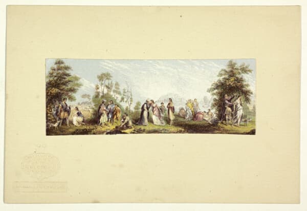 A work made of steel etching, aquatint, and stipple printed in black, with block printing in colors, on wove paper, laid down on original stamped mount.